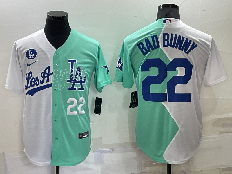 Men's Los Angeles Dodgers #22 Bad Bunny 2022 All-Star White/Green Cool Base Stitched Baseball Jersey